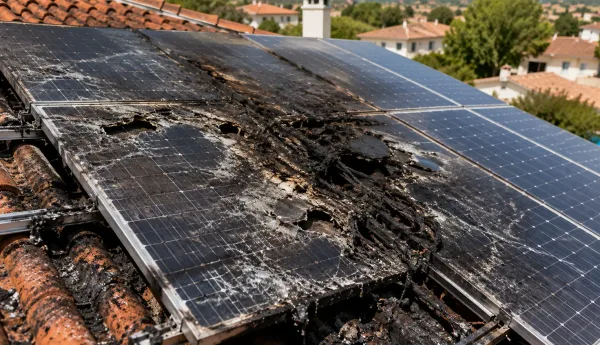 Toiture photovoltaïque avec infiltration d'eau au point de fixation et trace d'humidité — sinistre décennal typique en photovoltaïque