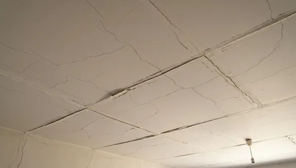 Plafond en plâtre fissuré et affaissé — sinistre décennal typique en plâtrerie