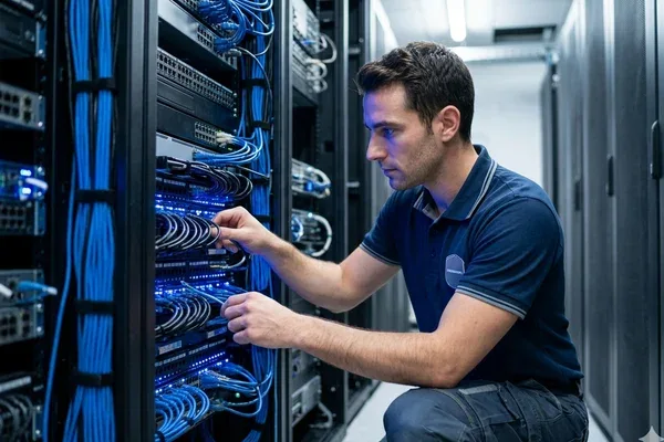 Technicien télécom installant un raccordement fibre optique en Moselle