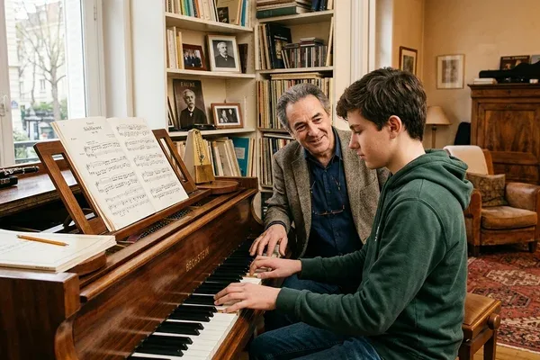 Professeur de musique avec élève adolescent devant un piano en Moselle