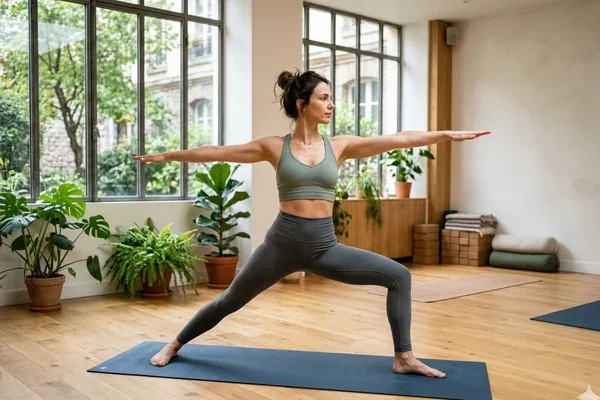 Professeur de yoga guidant une posture dans un studio en Moselle