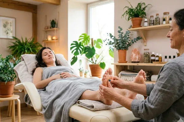 Réflexologue réalisant une séance de réflexologie plantaire dans un cabinet en Moselle