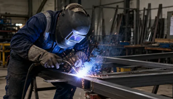 Serrurier-métallier en Moselle soudant un garde-corps métallique en atelier