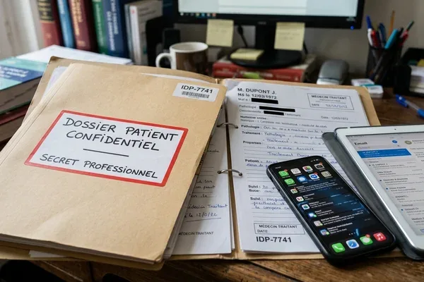 Dossier patient avec contrat thérapeutique signé et registre des séances — illustration cadre déontologique sexologue