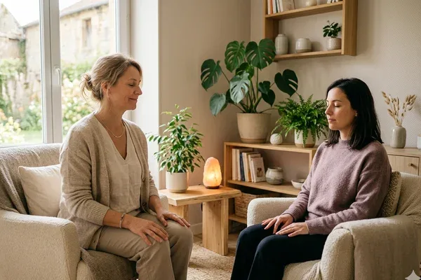 Sophrologue accompagnant un client en séance de relaxation dans un cabinet en Moselle