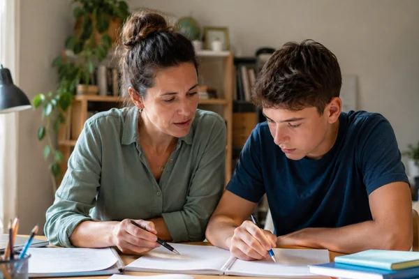 Soutien scolaire mosellan donnant un cours particulier à un élève à domicile