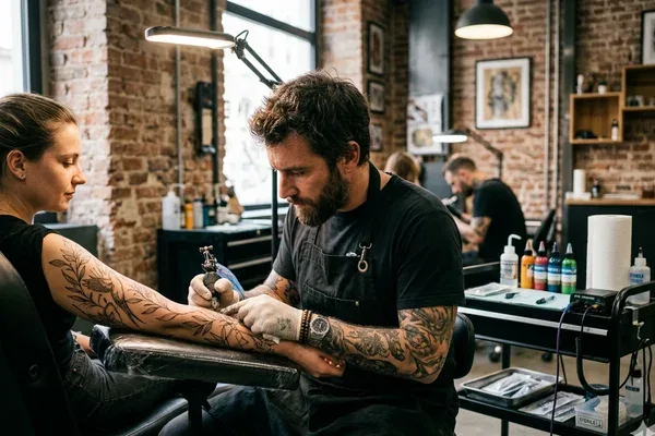 Tatoueur en pleine session dans un studio professionnel en Moselle