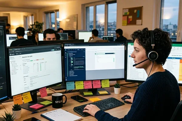 QA engineer devant écrans présentant rapports d'exécution de tests automatisés et matrices de couverture en studio de Moselle