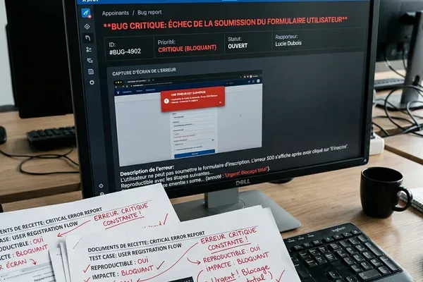 Console de monitoring affichant erreurs critiques en production et taux de crash élevé après mise en production — illustration risque bug non détecté en recette