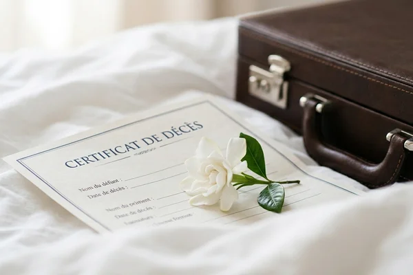 Certificat de décès et fleur unique sur drap blanc — illustration recueillie du métier de thanatopracteur